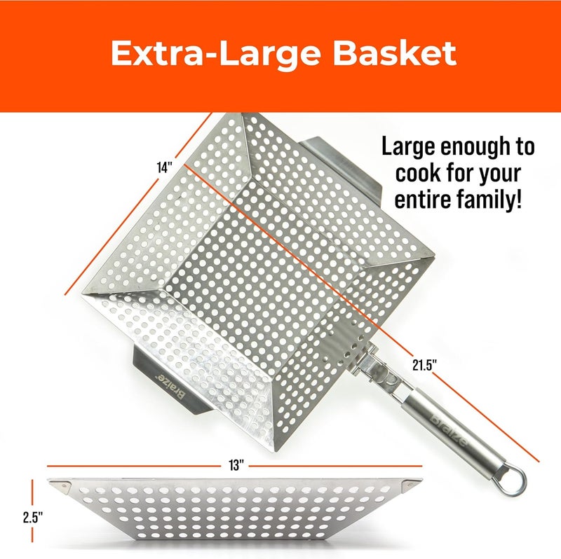 Braize Heavy-Duty Stainless Steel Grill Basket – 12"x13.75" Large BBQ Basket with Removable Handle – Durable Grilling Basket for Vegetables, Fish & Meat – Outdoor Cooking Accessory with 4 Bonus Scrub Sponges - Image 3